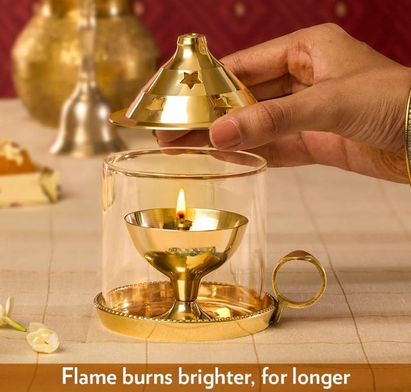 True Decor 6 Inches Brass Akhand Diya Medium Size Akhand Jyot with Borosilicate Glass Cover Brass Diya for Puja with Handle - Image 2