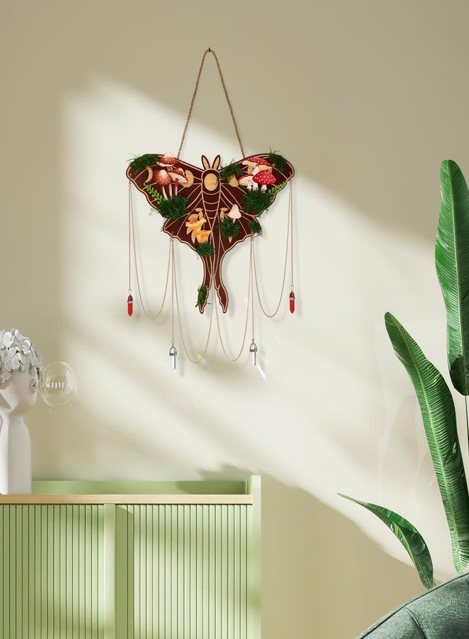 Xylolfsty Luna Moth Wall Hanging - Bohemian Butterfly Decor, Rustic Mushroom Crystal Moss Wooden Sign, Death Moth Art Gothic Witchy Living Room Bedroom Window Decoration - Image 5