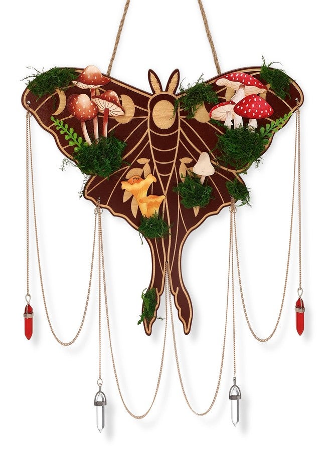 Xylolfsty Luna Moth Wall Hanging - Bohemian Butterfly Decor, Rustic Mushroom Crystal Moss Wooden Sign, Death Moth Art Gothic Witchy Living Room Bedroom Window Decoration - Image 1