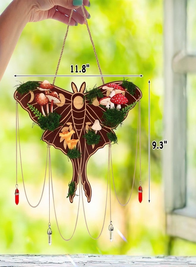 Xylolfsty Luna Moth Wall Hanging - Bohemian Butterfly Decor, Rustic Mushroom Crystal Moss Wooden Sign, Death Moth Art Gothic Witchy Living Room Bedroom Window Decoration - Image 2
