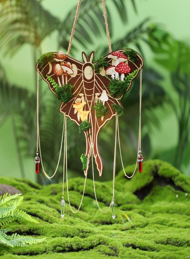 Xylolfsty Luna Moth Wall Hanging - Bohemian Butterfly Decor, Rustic Mushroom Crystal Moss Wooden Sign, Death Moth Art Gothic Witchy Living Room Bedroom Window Decoration - Image 4