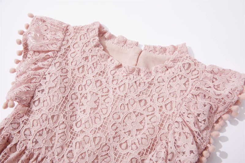 Niyage Toddler Girls Elegant Lace Pom Pom Flutter Sleeve Party Princess Dress Dusty Pink 130 - Image 3