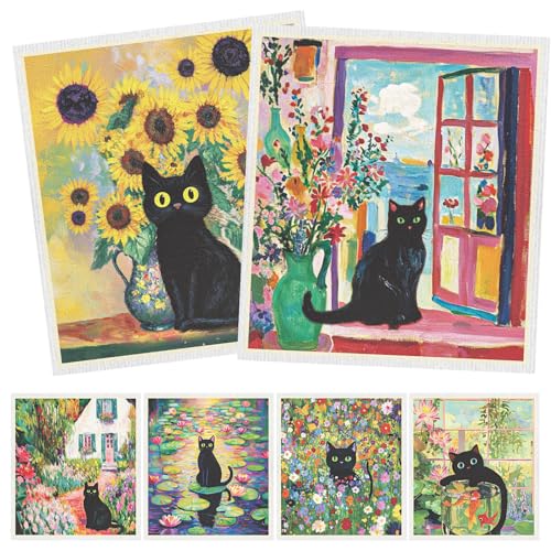 InIsaJace Swedish Dishcloths for Kitchen, 6 Pack Oil Painting Black Cat Reusable Paper Towels Washable, Absorbent Dish Rags for Washing Dishes Housewarming Gifts - Image 1