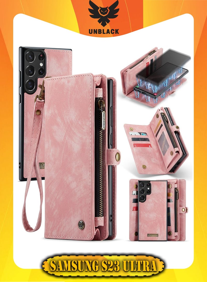 CaseMe Protective Phone Cover Case Wallet Case For Samsung Galaxy S23 Ultra, 2 in 1 Detachable Premium Leather Magnetic Zipper Pouch Wristlet Flip Phone Case (Pink) - Image 1