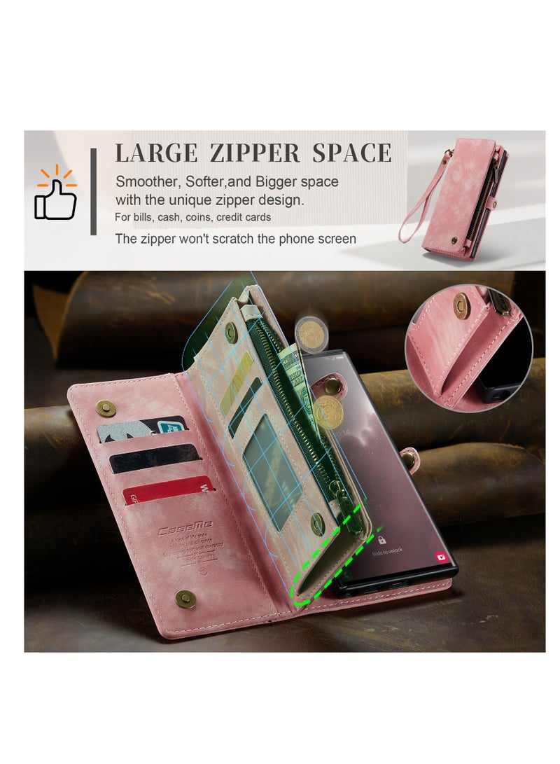 CaseMe Protective Phone Cover Case Wallet Case For Samsung Galaxy S23 Ultra, 2 in 1 Detachable Premium Leather Magnetic Zipper Pouch Wristlet Flip Phone Case (Pink) - Image 5