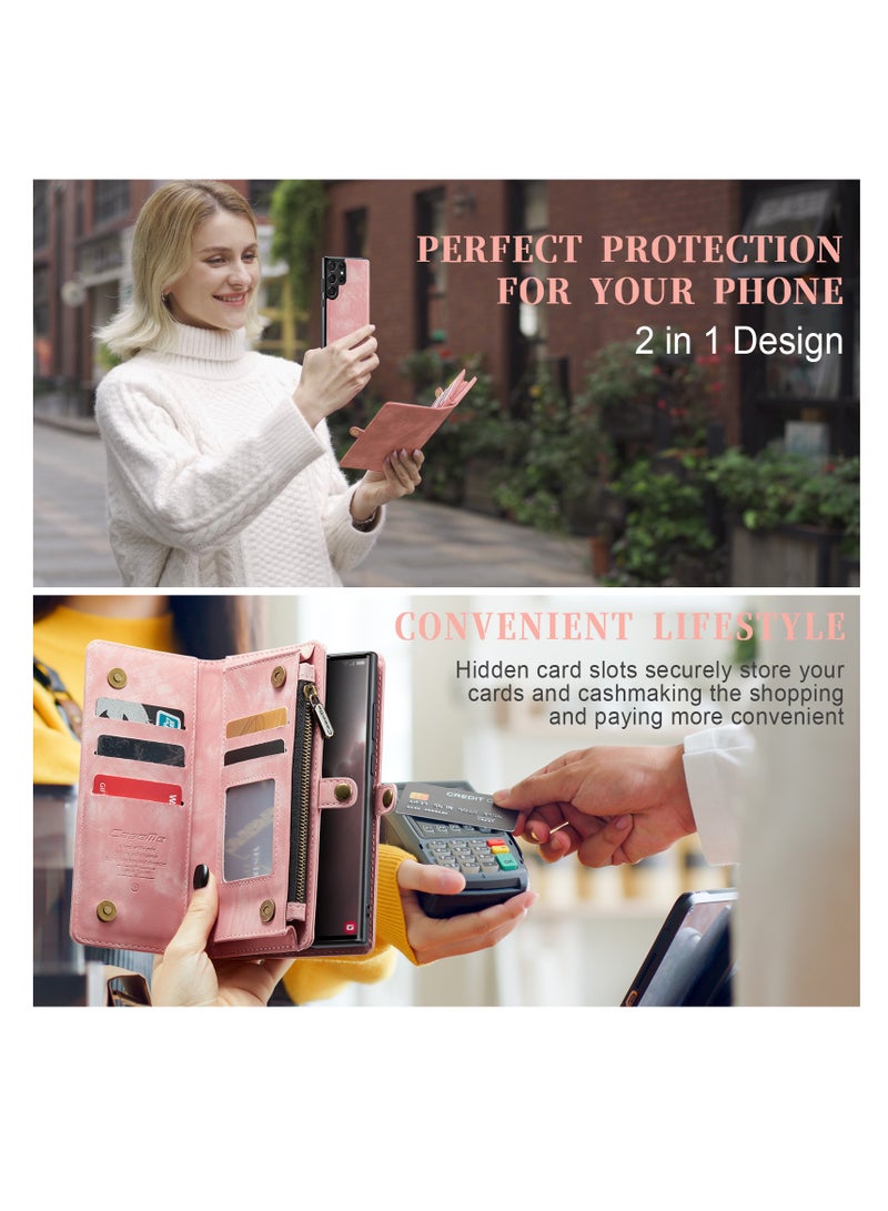 CaseMe Protective Phone Cover Case Wallet Case For Samsung Galaxy S23 Ultra, 2 in 1 Detachable Premium Leather Magnetic Zipper Pouch Wristlet Flip Phone Case (Pink) - Image 3