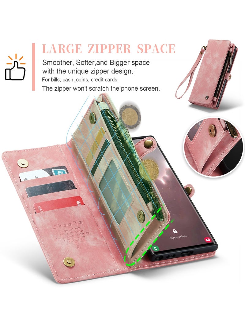 CaseMe Protective Phone Cover Case Wallet Case For Samsung Galaxy S23 Ultra, 2 in 1 Detachable Premium Leather Magnetic Zipper Pouch Wristlet Flip Phone Case (Pink) - Image 4