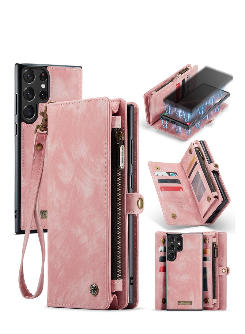 CaseMe Protective Phone Cover Case Wallet Case For Samsung Galaxy S23 Ultra, 2 in 1 Detachable Premium Leather Magnetic Zipper Pouch Wristlet Flip Phone Case (Pink) - Image 2