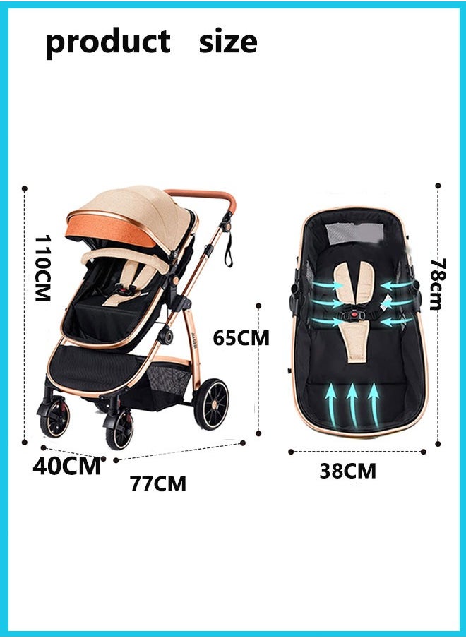 Berma Baby - 2 In 1 Folding Multi-Function Baby Stroller With Reversible Handle, Anti-Shock Springs And Adjustable Canopy Storage Basket, Khaki - Image 1