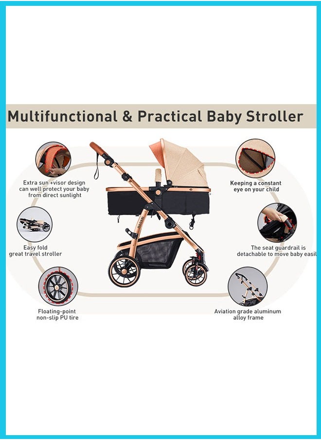 Berma Baby - 2 In 1 Folding Multi-Function Baby Stroller With Reversible Handle, Anti-Shock Springs And Adjustable Canopy Storage Basket, Khaki - Image 1