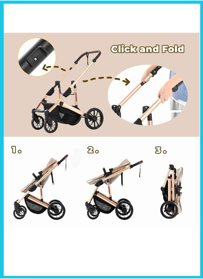 Berma Baby - 2 In 1 Folding Multi-Function Baby Stroller With Reversible Handle, Anti-Shock Springs And Adjustable Canopy Storage Basket, Khaki - Image 1