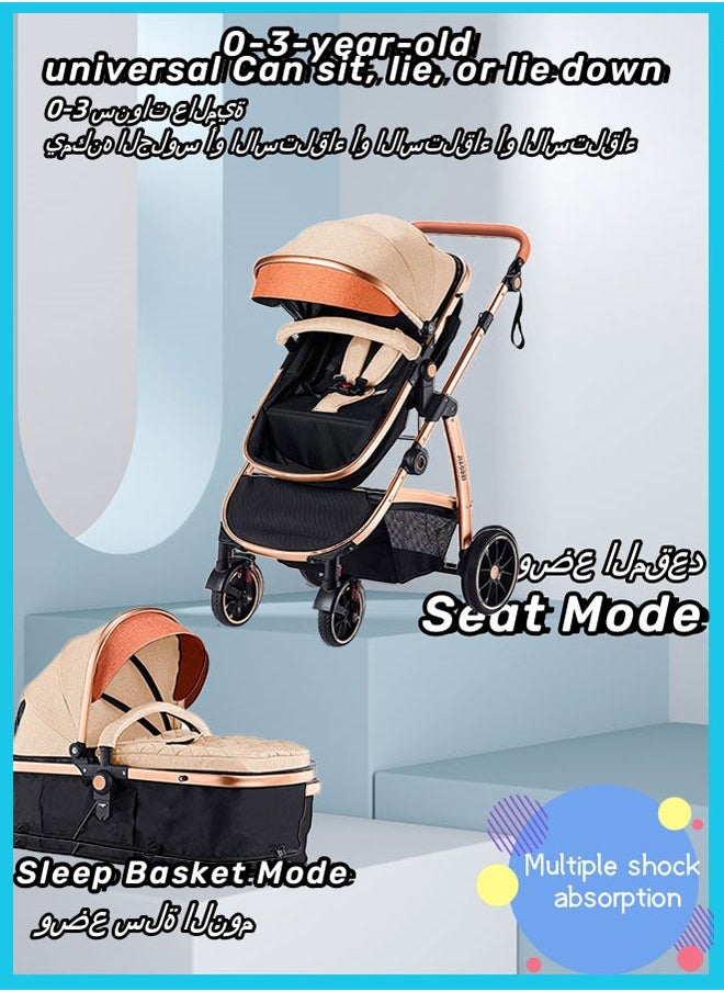 Berma Baby - 2 In 1 Folding Multi-Function Baby Stroller With Reversible Handle, Anti-Shock Springs And Adjustable Canopy Storage Basket, Khaki - Image 1