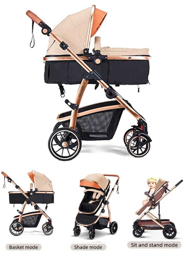 Berma Baby - 2 In 1 Folding Multi-Function Baby Stroller With Reversible Handle, Anti-Shock Springs And Adjustable Canopy Storage Basket, Khaki - Image 1