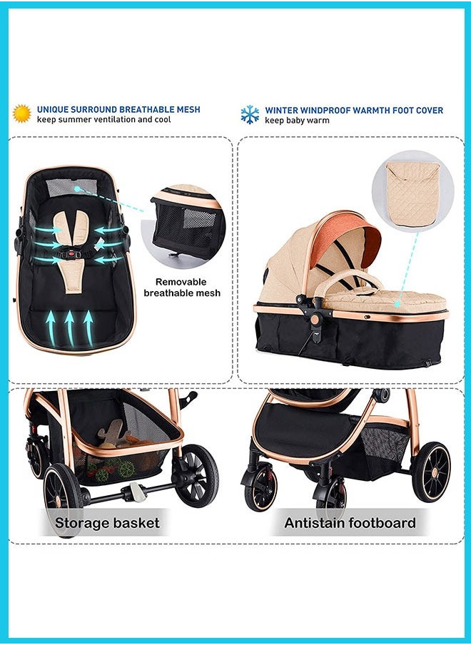 Berma Baby - 2 In 1 Folding Multi-Function Baby Stroller With Reversible Handle, Anti-Shock Springs And Adjustable Canopy Storage Basket, Khaki - Image 1