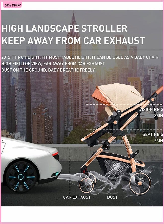 Berma Baby - 2 In 1 Folding Multi-Function Baby Stroller With Reversible Handle, Anti-Shock Springs And Adjustable Canopy Storage Basket, Khaki - Image 1