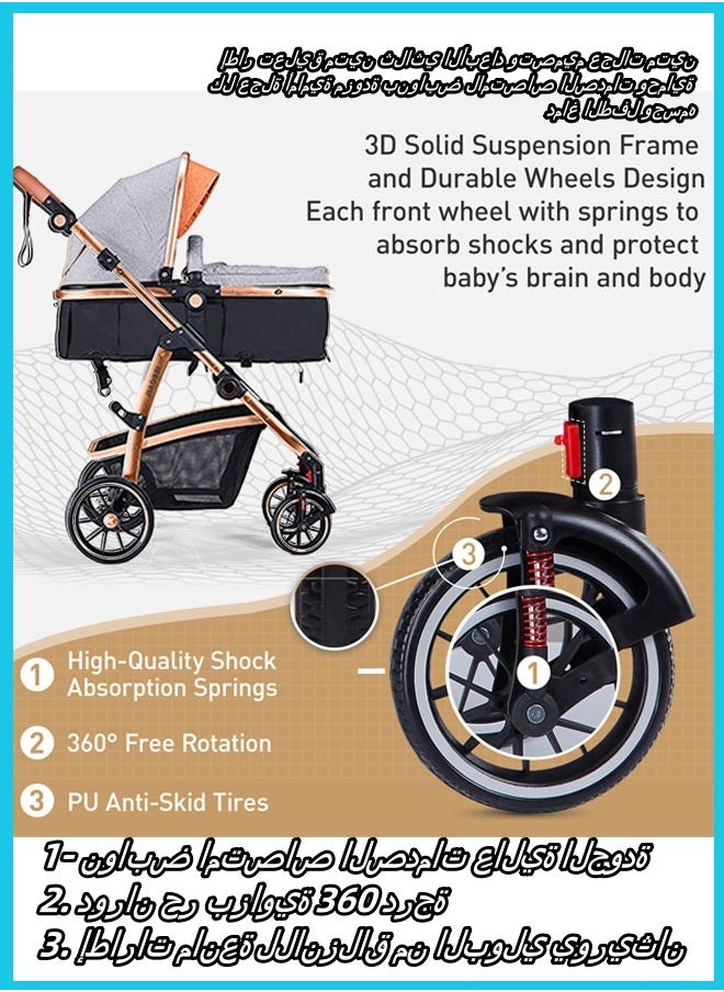 Berma Baby - 2 In 1 Folding Multi-Function Baby Stroller With Reversible Handle, Anti-Shock Springs And Adjustable Canopy Storage Basket, Khaki - Image 1