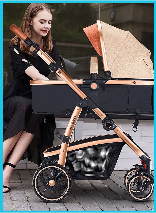 Berma Baby - 2 In 1 Folding Multi-Function Baby Stroller With Reversible Handle, Anti-Shock Springs And Adjustable Canopy Storage Basket, Khaki - Image 1