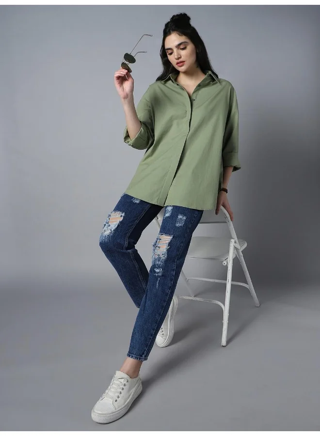 هاي ستار Solid Long Sleeve Oversized Shirt