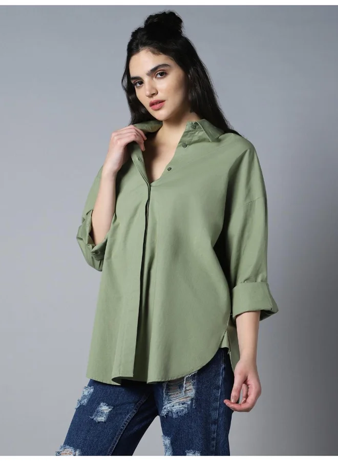 هاي ستار Solid Long Sleeve Oversized Shirt