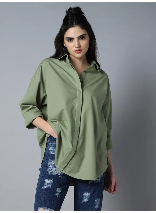 هاي ستار Solid Long Sleeve Oversized Shirt