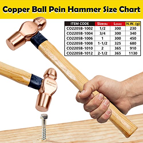 WEDO Copper Ball Peen HammerSafetyWooden HandleBrassDieForgedCorrosion ResistantStrong hardness 1 lb - Image 3