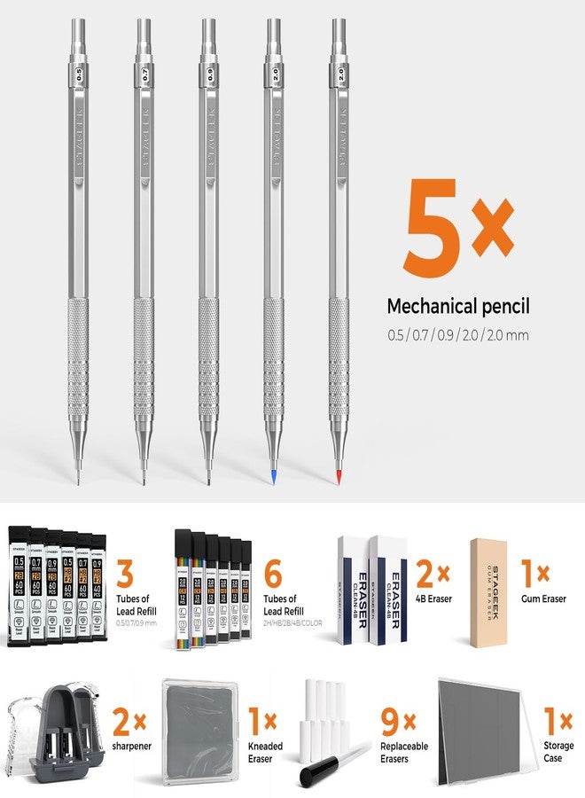 STAGEEK 25PCS Art Mechanical Pencil Set, 3PCS Metal lead pencil 0.5, 0.7, 0.9, 2PCS 2mm Drawing Pencil (HB 2H 2B 4B Color) with 392PCS Graphite Leads, Eraser with Case for Drafting Drawing Writing - Image 5