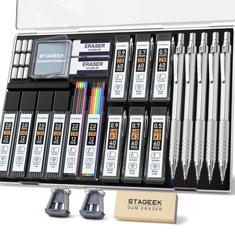 STAGEEK 25PCS Art Mechanical Pencil Set, 3PCS Metal lead pencil 0.5, 0.7, 0.9, 2PCS 2mm Drawing Pencil (HB 2H 2B 4B Color) with 392PCS Graphite Leads, Eraser with Case for Drafting Drawing Writing - Image 1