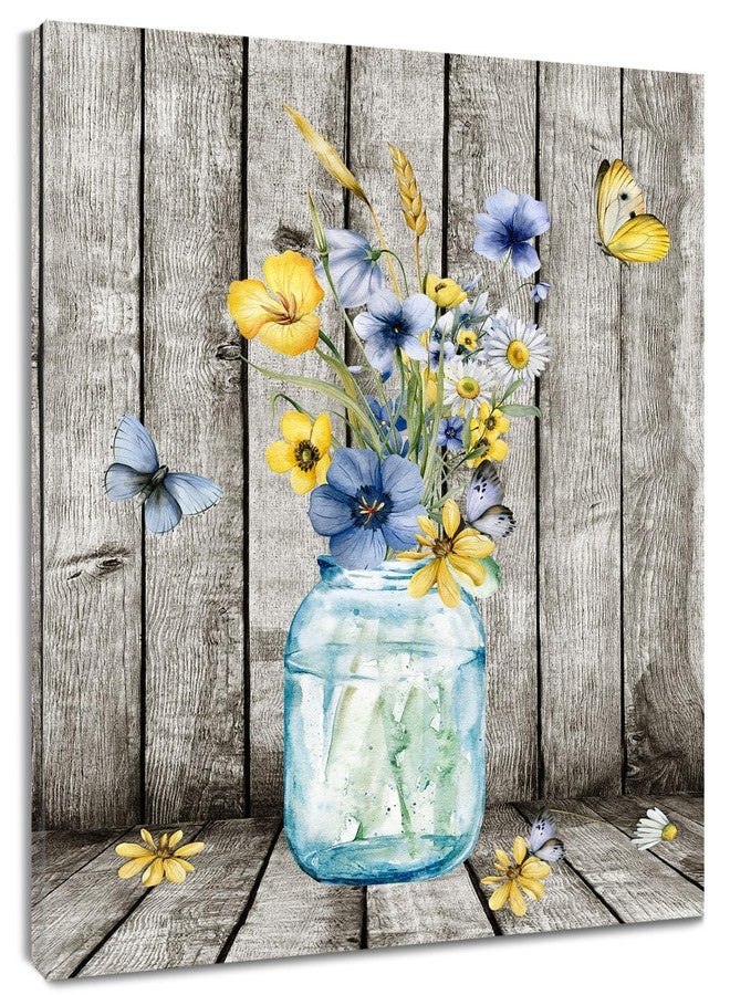 HVEST Blue and Yellow Floral Wall Art for Living Room,Blue Flower in Vase and Butterfly on Farmhouse Wood Canvas Wall Art Country Wildflower Framed Wall Decor for Bathroom Bedroom Decor,16LX12W Inches - Image 1