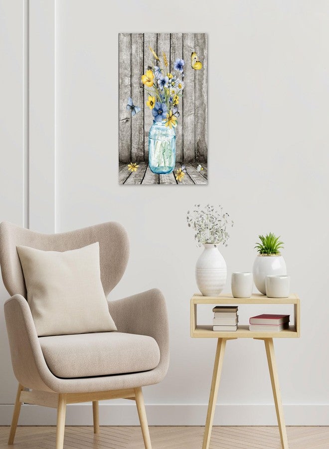 HVEST Blue and Yellow Floral Wall Art for Living Room,Blue Flower in Vase and Butterfly on Farmhouse Wood Canvas Wall Art Country Wildflower Framed Wall Decor for Bathroom Bedroom Decor,16LX12W Inches - Image 3