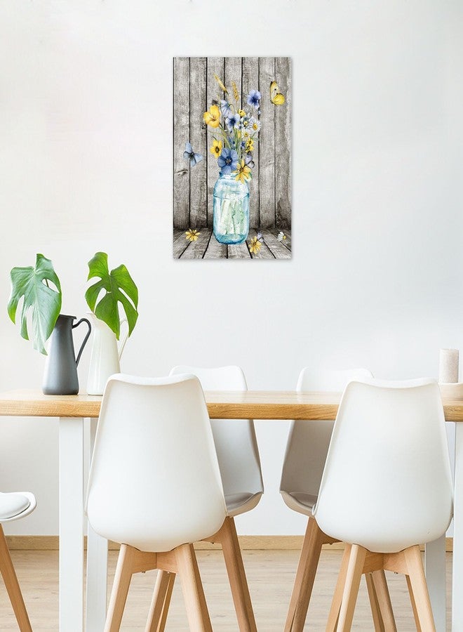 HVEST Blue and Yellow Floral Wall Art for Living Room,Blue Flower in Vase and Butterfly on Farmhouse Wood Canvas Wall Art Country Wildflower Framed Wall Decor for Bathroom Bedroom Decor,16LX12W Inches - Image 2