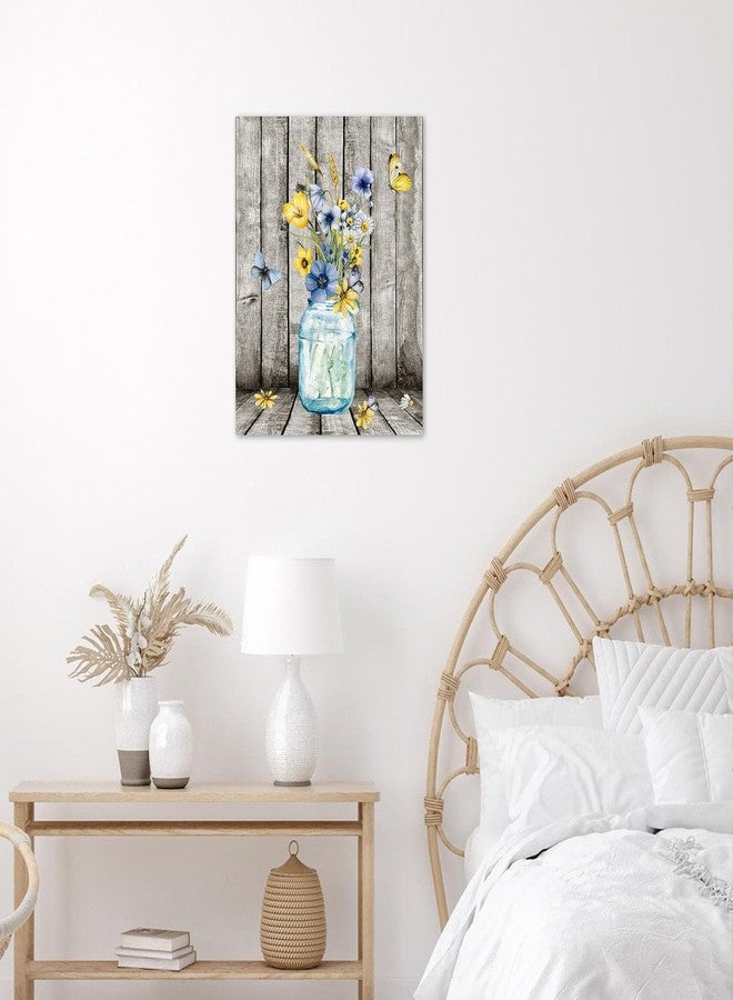 HVEST Blue and Yellow Floral Wall Art for Living Room,Blue Flower in Vase and Butterfly on Farmhouse Wood Canvas Wall Art Country Wildflower Framed Wall Decor for Bathroom Bedroom Decor,16LX12W Inches - Image 4