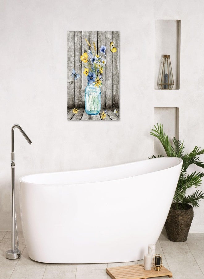 HVEST Blue and Yellow Floral Wall Art for Living Room,Blue Flower in Vase and Butterfly on Farmhouse Wood Canvas Wall Art Country Wildflower Framed Wall Decor for Bathroom Bedroom Decor,16LX12W Inches - Image 5
