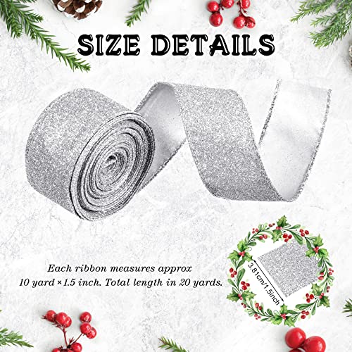 Juinte Christmas Wired Ribbon 2 Roll 20 Yards Glitter Tree Ribbon Thick Metallic Gift Wrapping for Wreath Garland Party DIY Crafts Decorations 15 Inch Silver - Image 3