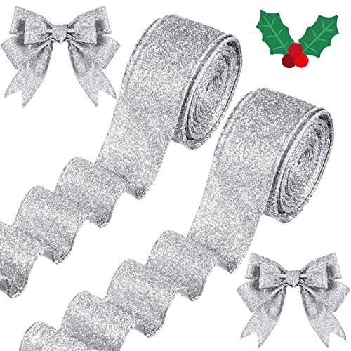 Juinte Christmas Wired Ribbon 2 Roll 20 Yards Glitter Tree Ribbon Thick Metallic Gift Wrapping for Wreath Garland Party DIY Crafts Decorations 15 Inch Silver - Image 1