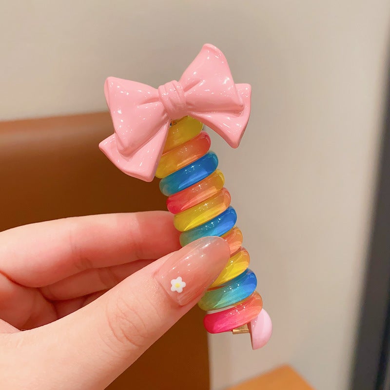 Loquat Kids Spiral Phone Cord Hair Ties High Ponytail 2023 Colorful Elastic Bands Pink Bow telephone line
