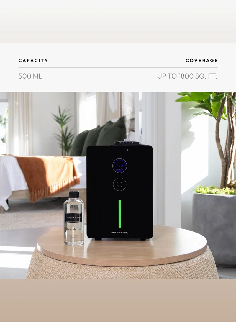 أروما 360  جهاز توزيع العطور بتغطية 1800 قدم مربع - نظام توزيع العطور عبر التكييف أو مستقل - بدون حرارة، بدون ماء، مزود بمؤقت، لا يترك بقايا - أسود