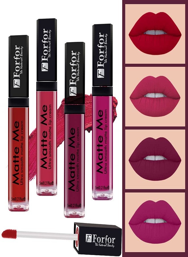 فور فور مجموعة ألوان أحمر الشفاه السائل غير اللامع FORFOR® Matte Me طويلة الأمد، مكونة من 4 ألوان (أحمر أنجيل، وردي قرنفلي، عنابي قمري، وردي فوشيا) - Image 1