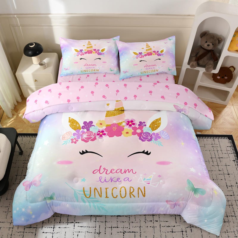 Bodhi Girls Unicorn Bedding Twin,Twin Bedding Sets for Girls with Butterfly and Flowers,Kids Unicorn Comforter Sets 5 Piece - Image 1