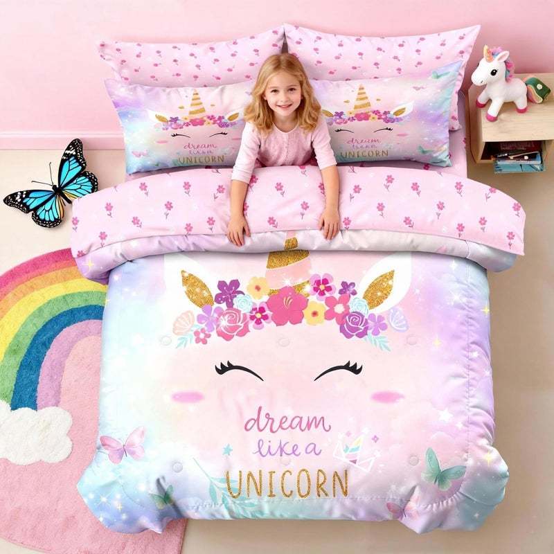 Bodhi Girls Unicorn Bedding Twin,Twin Bedding Sets for Girls with Butterfly and Flowers,Kids Unicorn Comforter Sets 5 Piece - Image 2