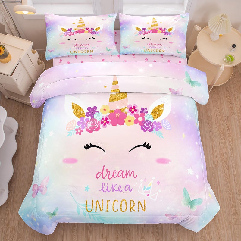 Bodhi Girls Unicorn Bedding Twin,Twin Bedding Sets for Girls with Butterfly and Flowers,Kids Unicorn Comforter Sets 5 Piece - Image 3