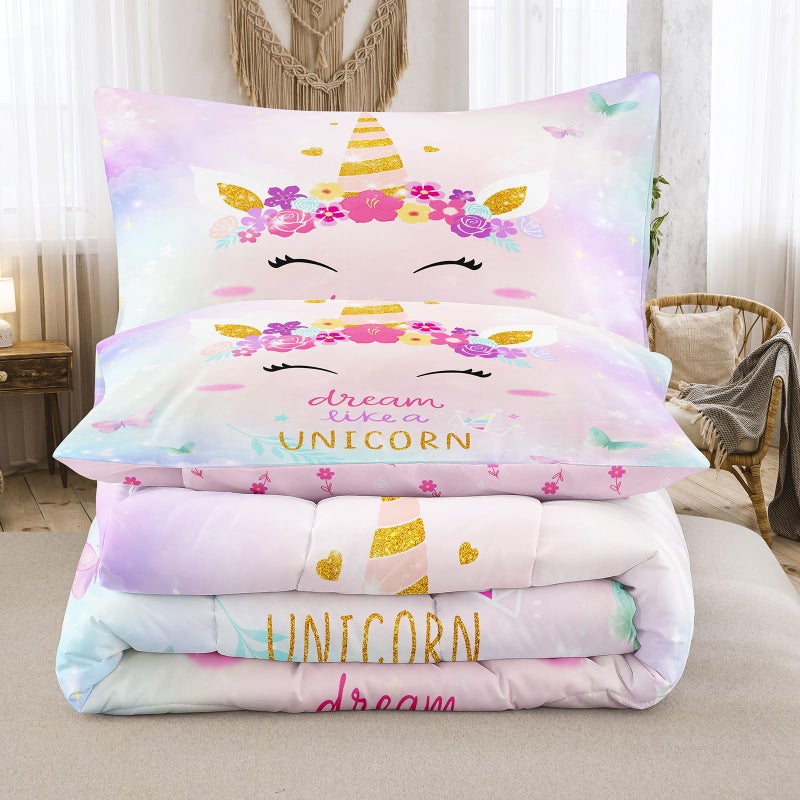 Bodhi Girls Unicorn Bedding Twin,Twin Bedding Sets for Girls with Butterfly and Flowers,Kids Unicorn Comforter Sets 5 Piece - Image 4