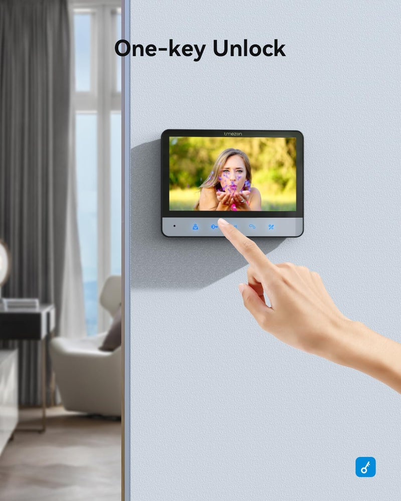 TMEZON نظام الاتصال الداخلي بالفيديو TMEZON سلكي، كاميرا جرس باب فيديو 7 بوصات مع شاشة، مجموعة كاميرات هاتف فيديو سلكية عالية الدقة تدعم الفتح، المراقبة، الاتصال الثنائي الاتجاه للفيلا، المنزل، المكتب، الشقة - Image 3