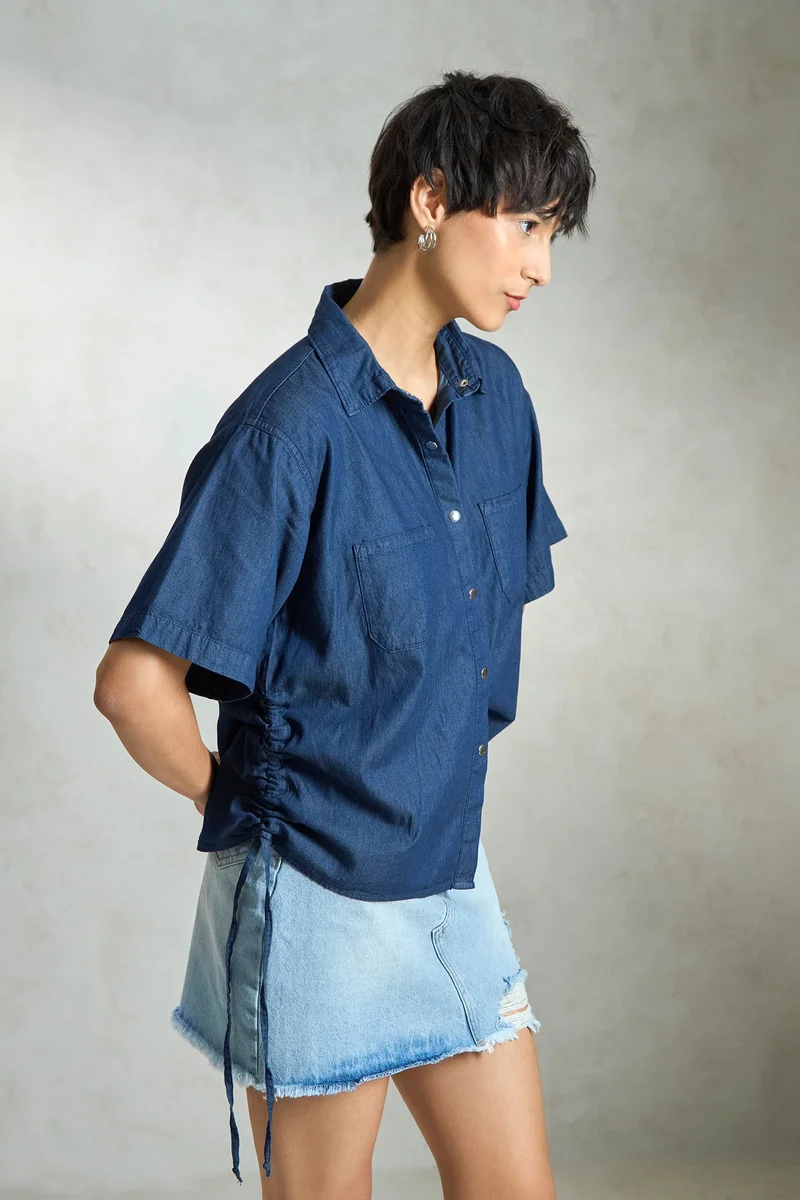 Virgio Virgio Women Cotton Collar Neck Regular Length Denim Short Sleeve Shirt