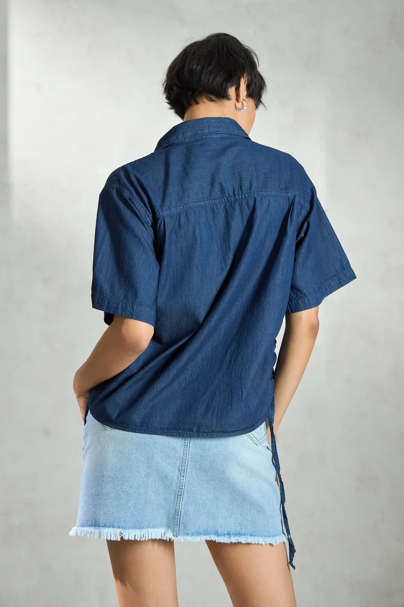 Virgio Virgio Women Cotton Collar Neck Regular Length Denim Short Sleeve Shirt