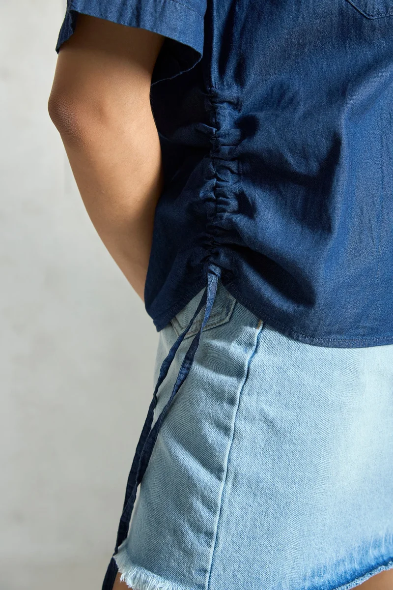 Virgio Virgio Women Cotton Collar Neck Regular Length Denim Short Sleeve Shirt
