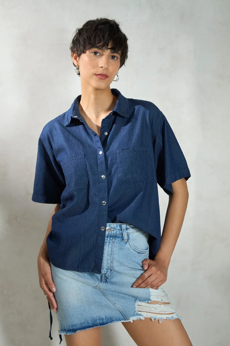 Virgio Virgio Women Cotton Collar Neck Regular Length Denim Short Sleeve Shirt