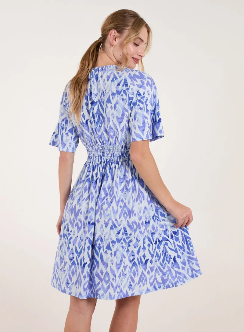 Blue Vanilla Abstract Shirred Waist V Neck Dress