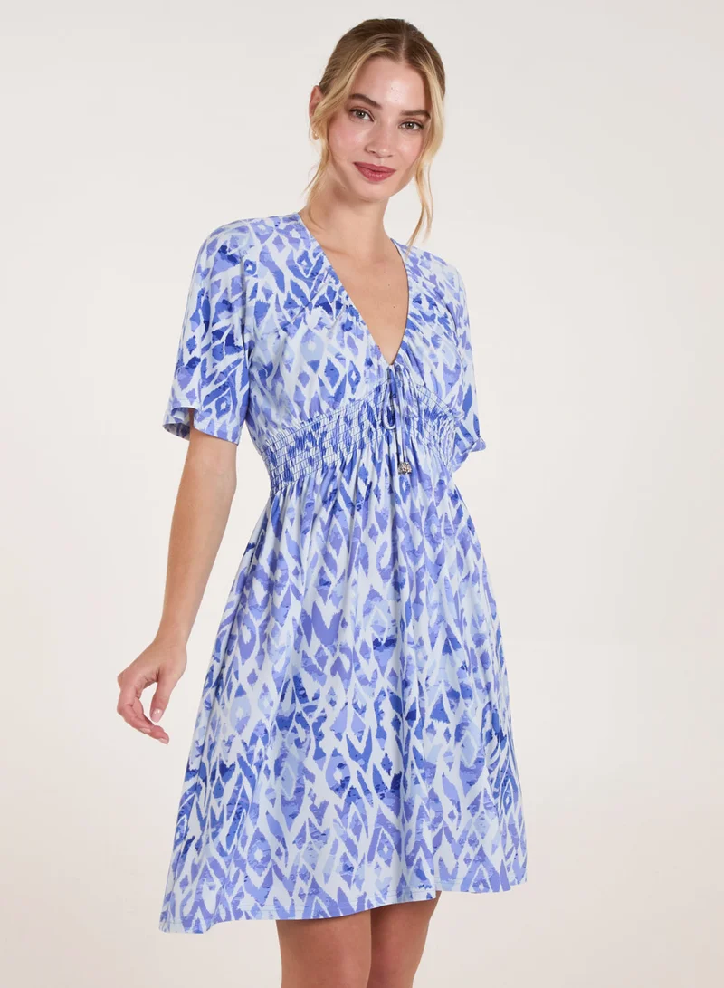 Blue Vanilla Abstract Shirred Waist V Neck Dress