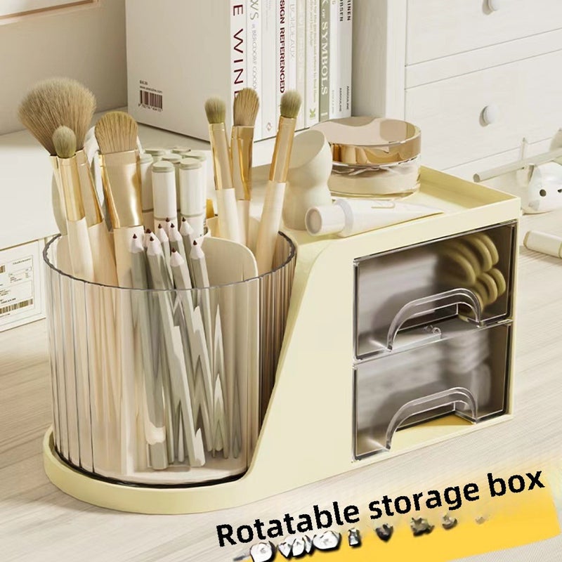 Desktop Storage box drawer-type rotating storage rack makeup brush storage bucket ins rotating pen container compartment storage box(Rotatable storage box-White) - Image 2