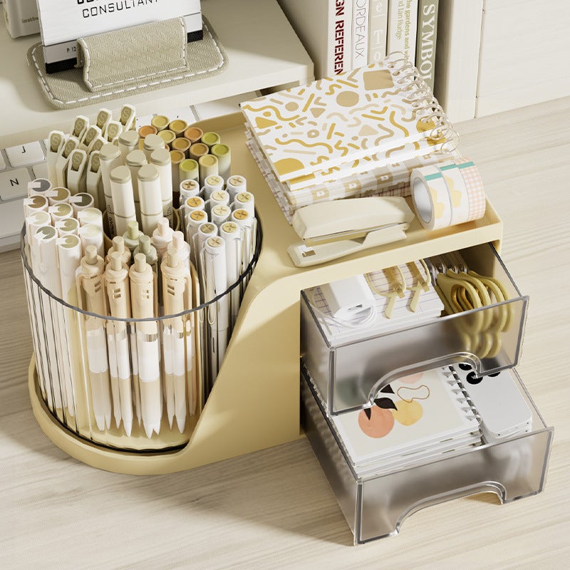 Desktop Storage box drawer-type rotating storage rack makeup brush storage bucket ins rotating pen container compartment storage box(Rotatable storage box-White) - Image 3